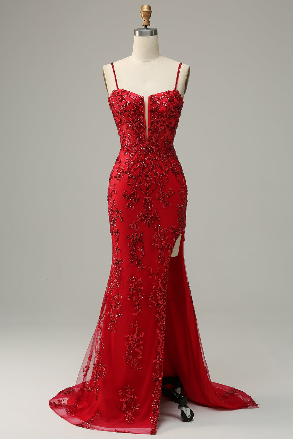 Robe de bal longue sirène à fines bretelles en sequins rouges avec fente sur le devant