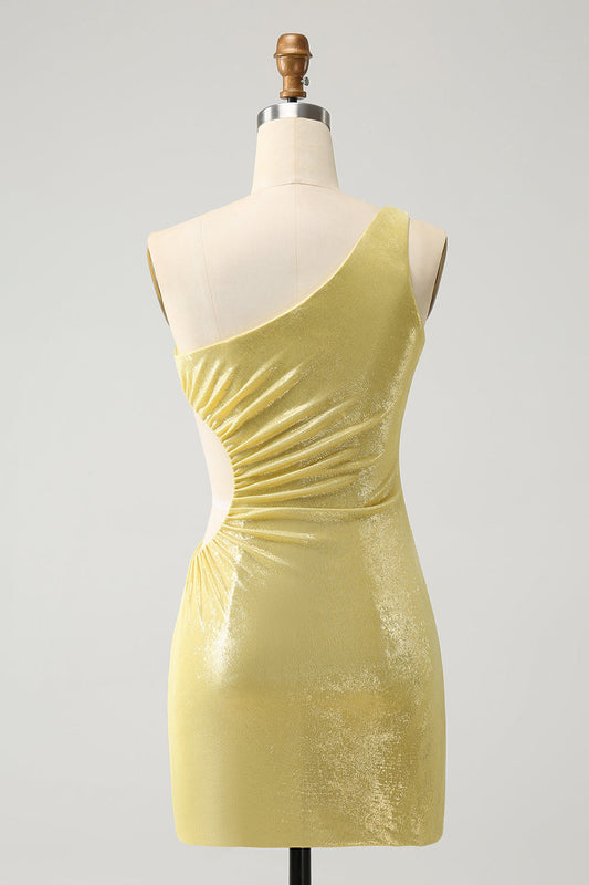 Robe courte de bal de fin d'année moulante jaune élégante à une épaule et découpes