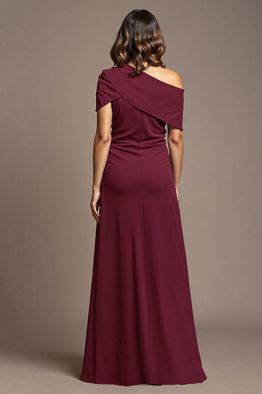 Robe longue de mère de la mariée coupe évasée bordeaux avec fente