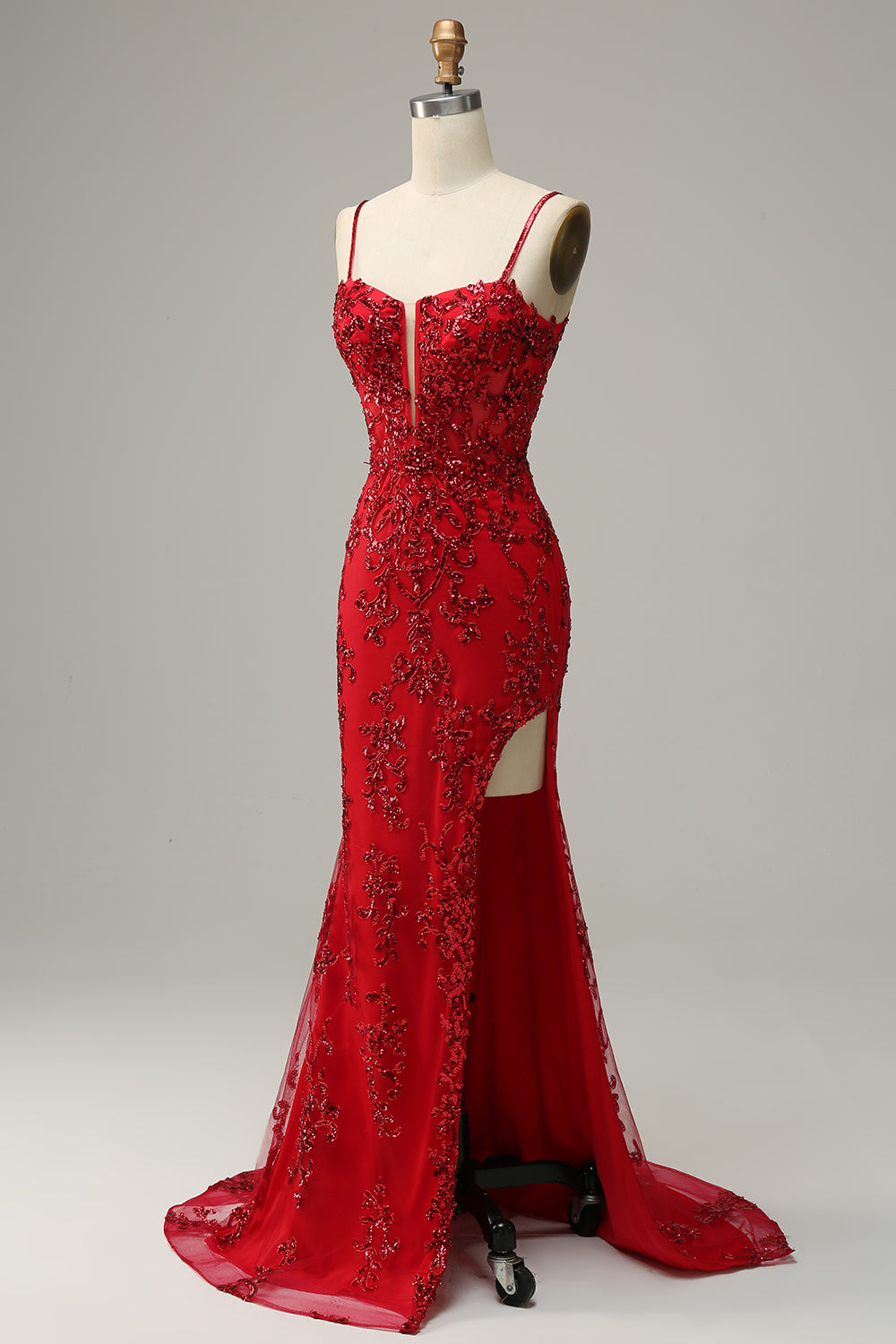 Robe de bal longue sirène à fines bretelles en sequins rouges avec fente sur le devant