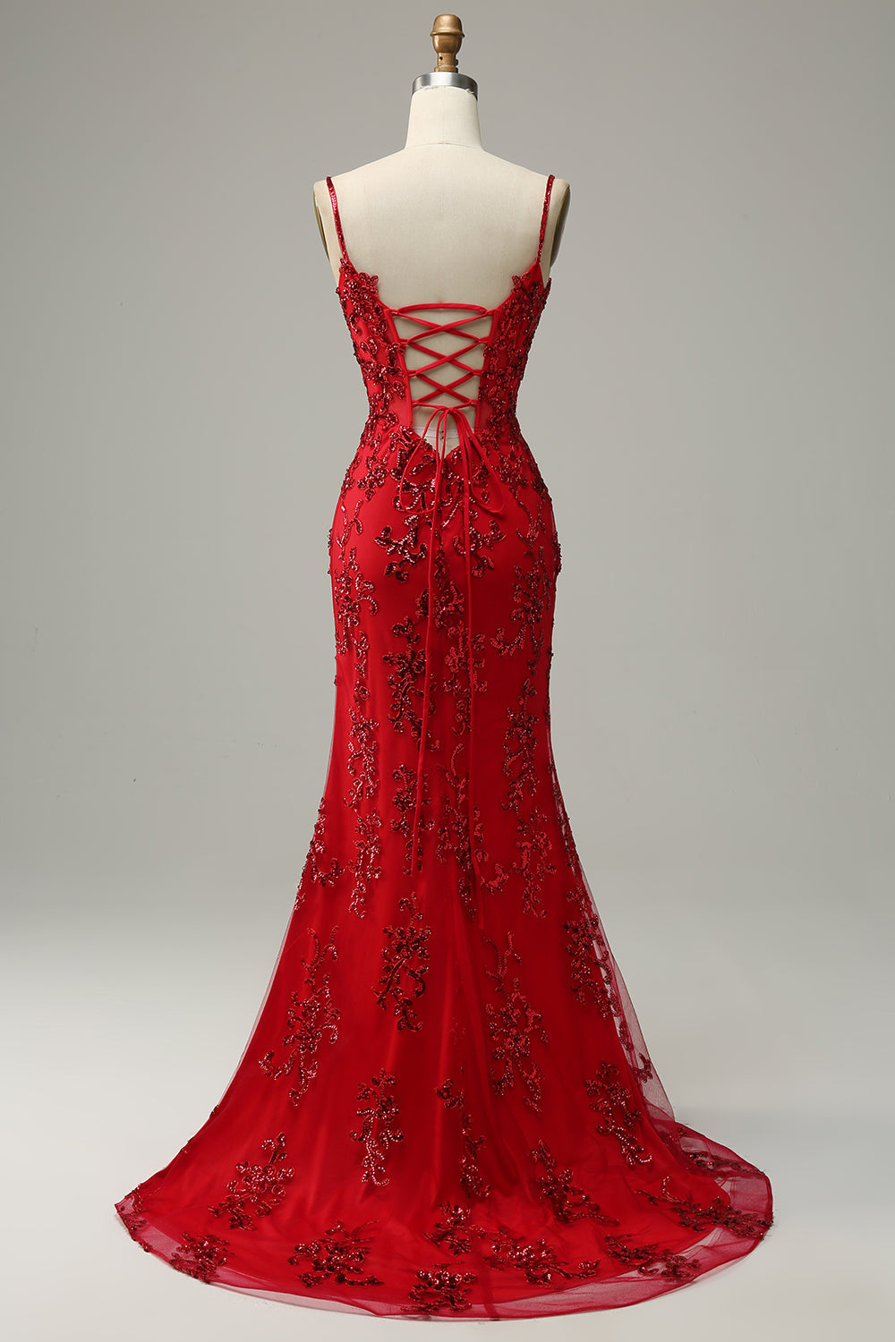Robe de bal longue sirène à fines bretelles en sequins rouges avec fente sur le devant