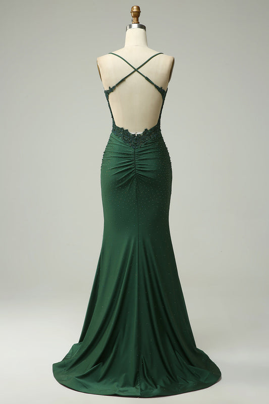 Dark Green Halter Neck Mermaid Long Prom Dress with Appliques and Beading