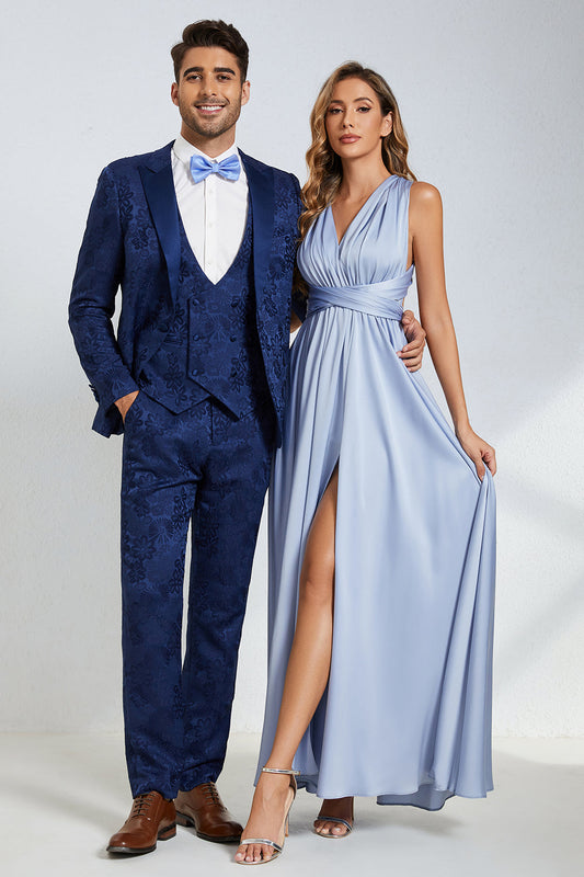 Costumes de Mariage Homme Jacquard Bleu Foncé Un Bouton à Revers Pointus