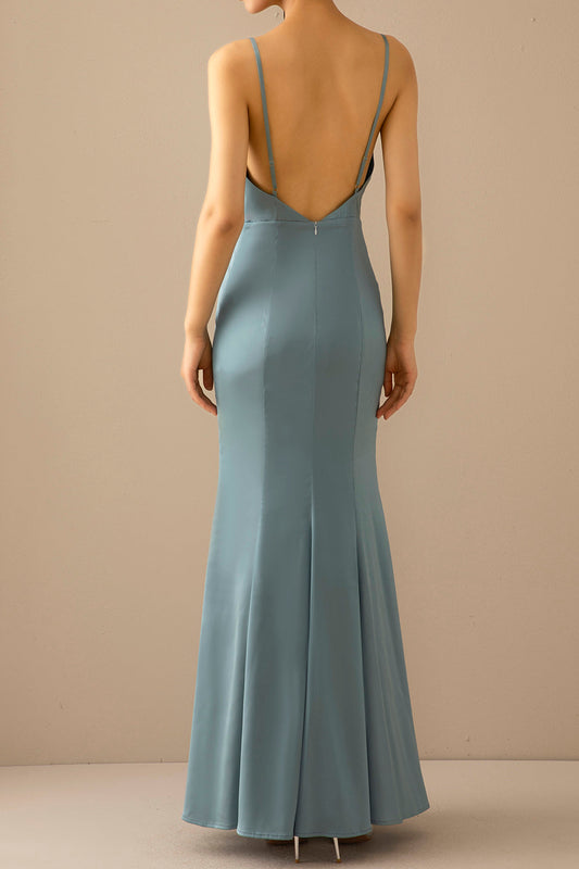 Robe longue de bal sirène bleue col en V