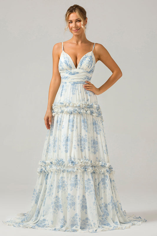 Robe de Demoiselle d'honneur longue évasée en tulle à volants motif fleurs bleu et blanc