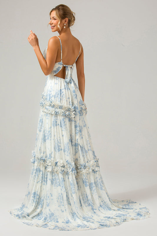Robe de Demoiselle d'honneur longue évasée en tulle à volants motif fleurs bleu et blanc