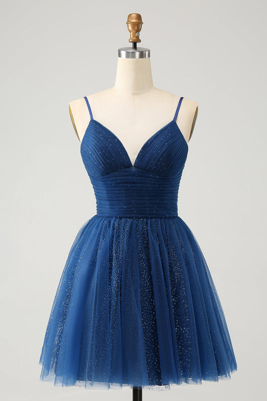 Robe de bal bleu marine trapèze à fines bretelles en tulle avec dos lacé
