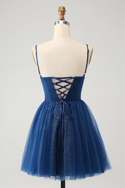 Robe de bal bleu marine trapèze à fines bretelles en tulle avec dos lacé