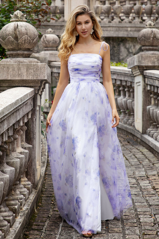 Robe de demoiselle d'honneur longue lavande à bretelles spaghetti, coupe trapèze et fente