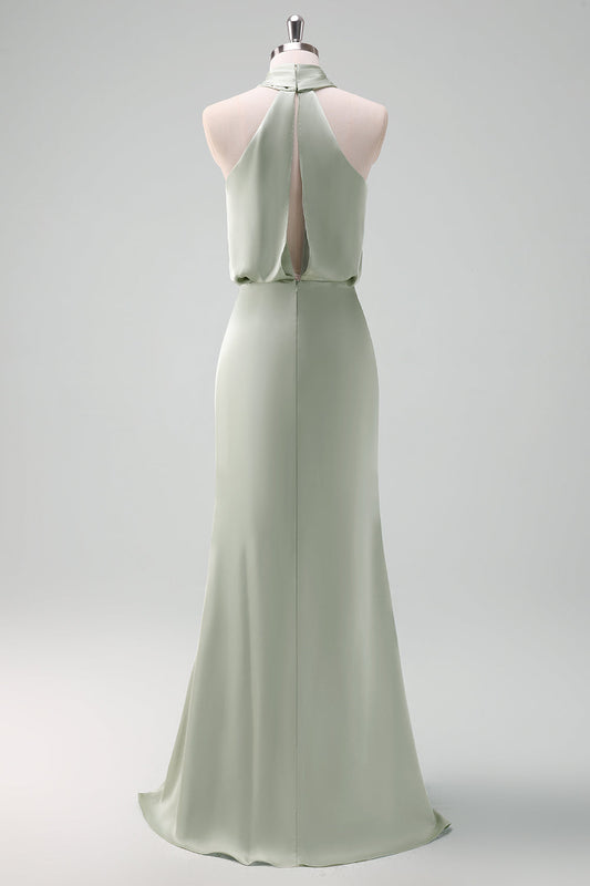Robe longue de demoiselle d'honneur Dusty Sage à col halter en satin