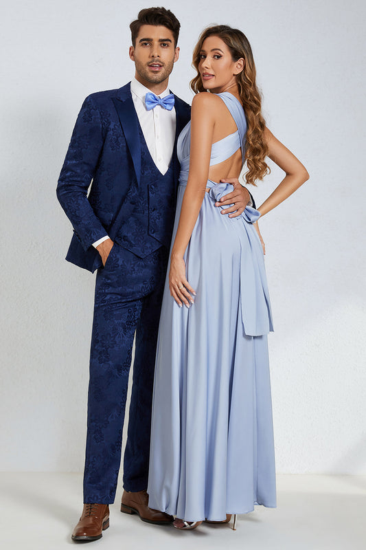 Costumes de Mariage Homme Jacquard Bleu Foncé Un Bouton à Revers Pointus