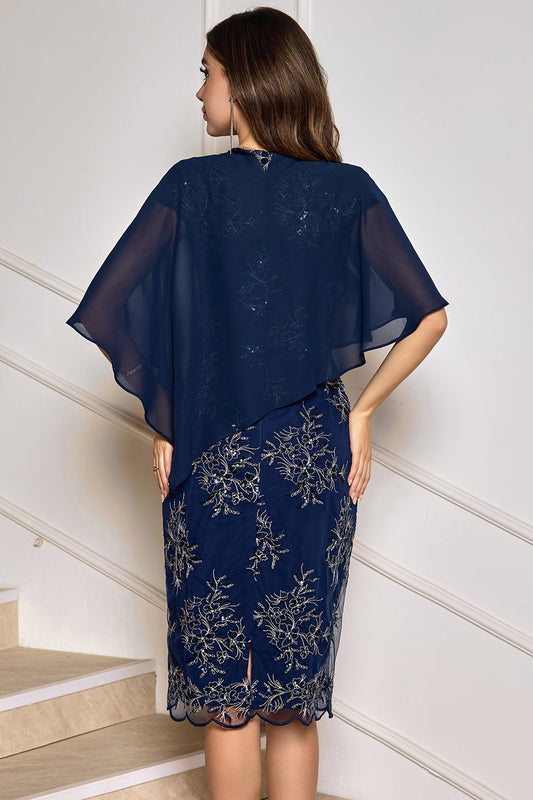 Navy Sheath Tea-Length Appliquéd Mother of the Bride Dress with Wrap