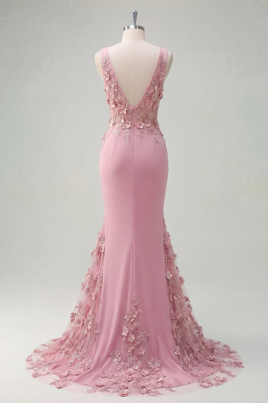 Robe de bal longue ruchée sirène Taro en V avec fleurs 3D appliquées