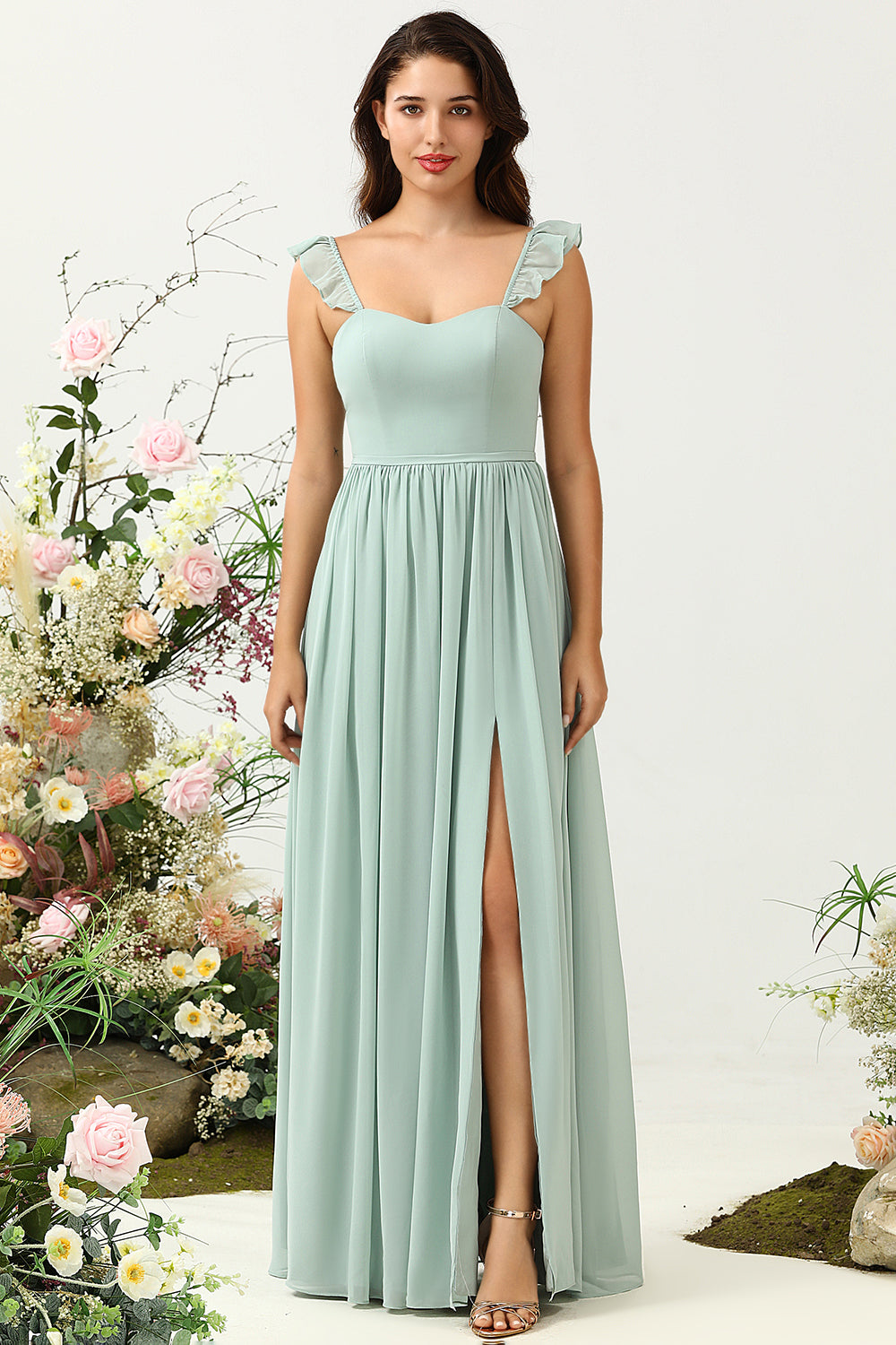Robe de demoiselle d'honneur trapèze volantée Dusty Sage