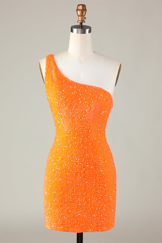 Robe de bal courte moulante orange asymétrique à perles et sequins