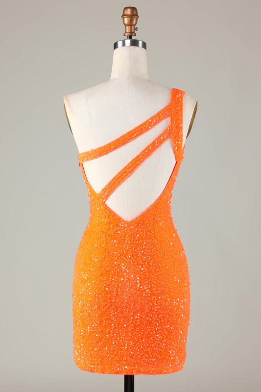 Robe de bal courte moulante orange asymétrique à perles et sequins