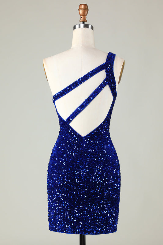 Robe de cocktail courte bleu roi asymétrique à paillettes, perles et coupe ajustée