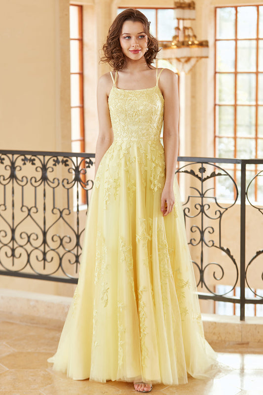 Magnifique Robe de Bal Longue Jaune avec Bretelles Fines et Applications, Coupe A-line