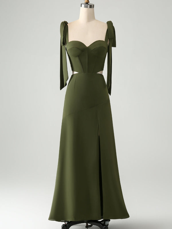 Robe longue de demoiselle d'honneur à fines bretelles fendue - Olive