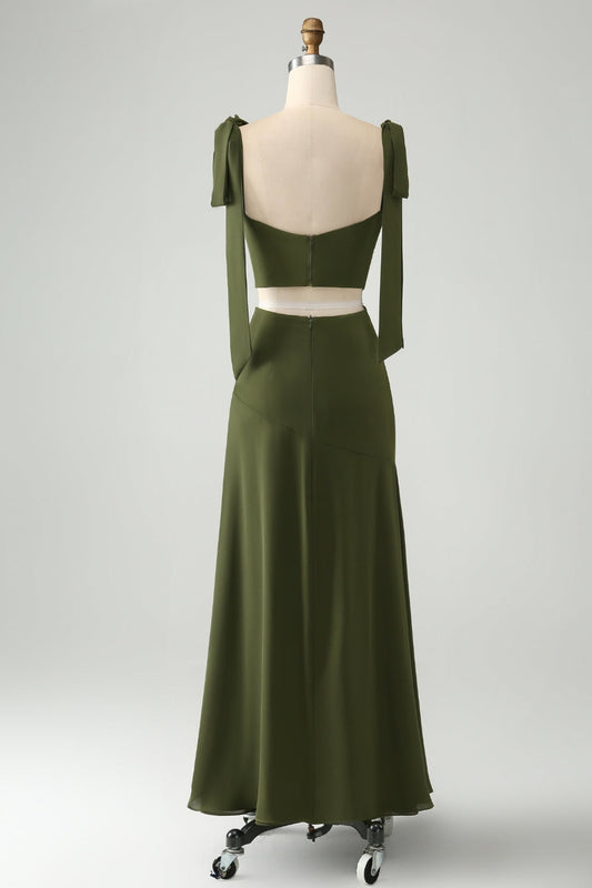 Robe longue de demoiselle d'honneur à fines bretelles fendue - Olive