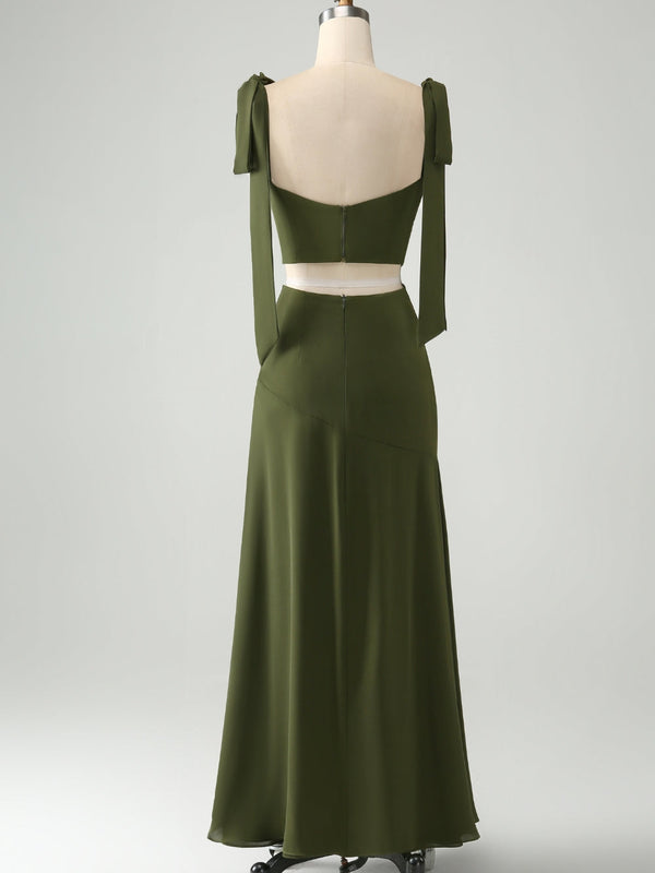 Robe longue de demoiselle d'honneur à fines bretelles fendue - Olive
