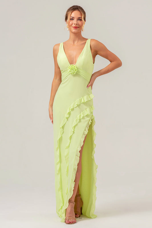 Robe de demoiselle d'honneur longue sans dos avec décolleté plongeant et fente à volants vert citron