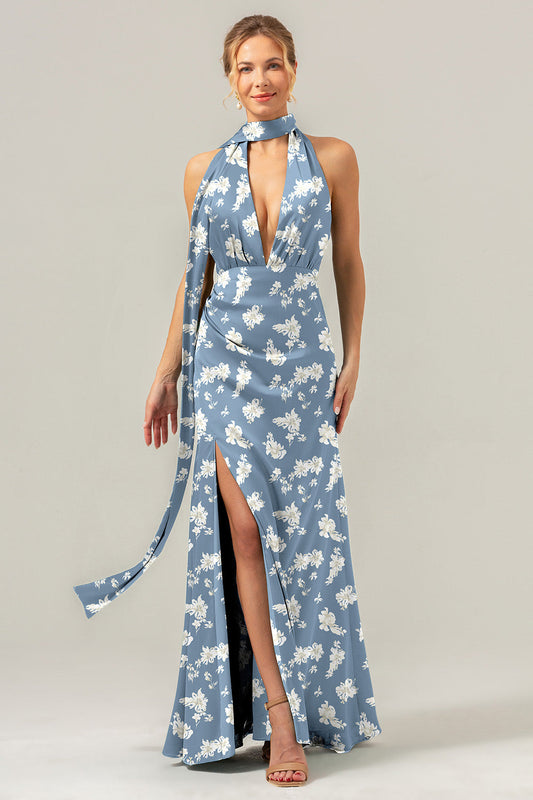 Robe longue de demoiselle d'honneur fendue, dos nu et décolleté en V profond, à motif floral bleu et blanc