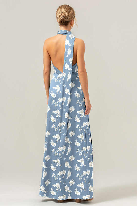 Robe longue de demoiselle d'honneur fendue, dos nu et décolleté en V profond, à motif floral bleu et blanc
