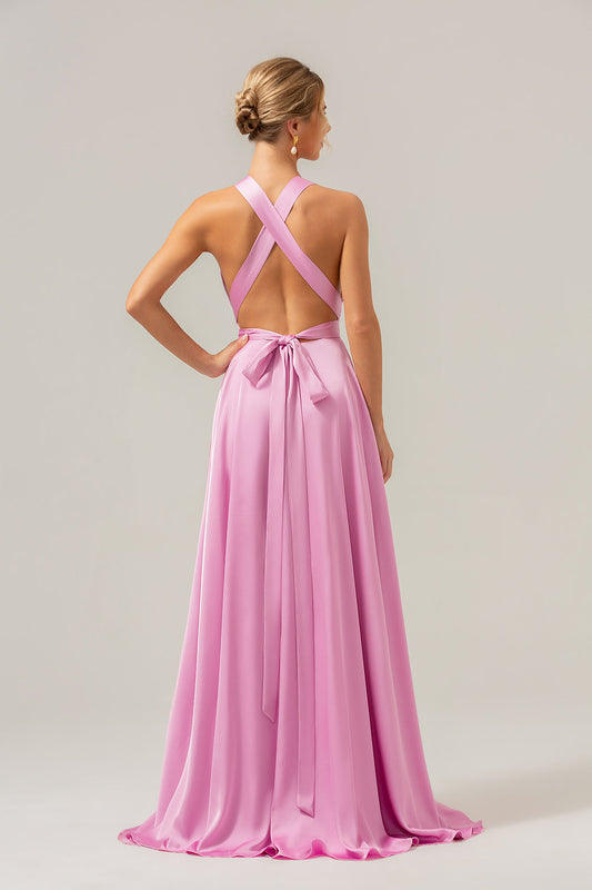 Robe longue de demoiselle d'honneur fendue en satin rose coupe évasée avec décolleté en V et dos nu