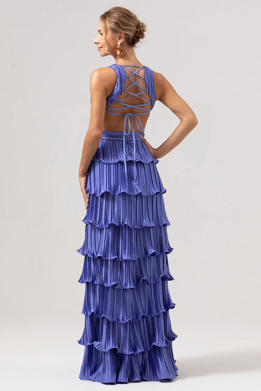 Robe longue de demoiselle d'honneur trapèze violette à col en V, plissée, à plusieurs niveaux, à lacets au dos, avec fente.