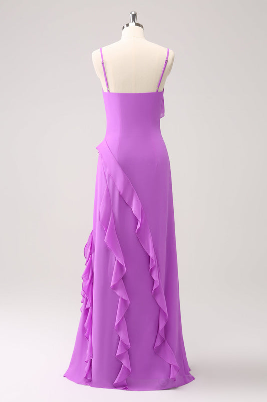 Robe longue de demoiselle d'honneur en mousseline Tahiti à volants, bretelles spaghetti et fente