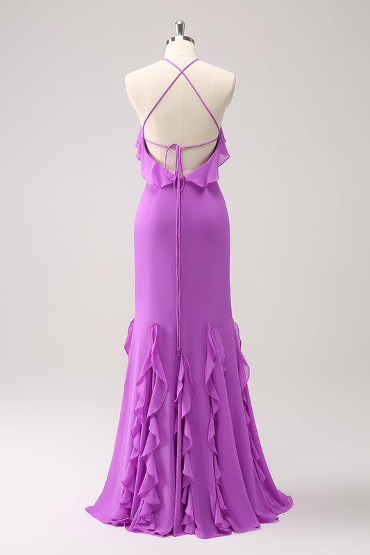 Robe longue de demoiselle d'honneur en mousseline à volants et licou Tahiti Mermaid