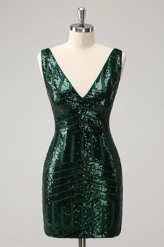 Robe de bal vert foncé pailletée avec sequins et col en V, à volants amovibles