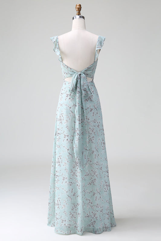 Robe longue de demoiselle d'honneur fendue vert-gris à imprimé floral