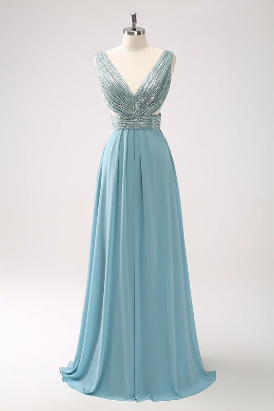 Robe longue de demoiselle d'honneur trapèze en mousseline à paillettes, col en V vert gris