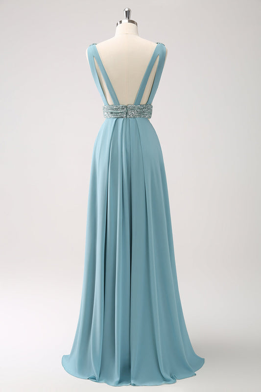 Robe longue de demoiselle d'honneur trapèze en mousseline à paillettes, col en V vert gris