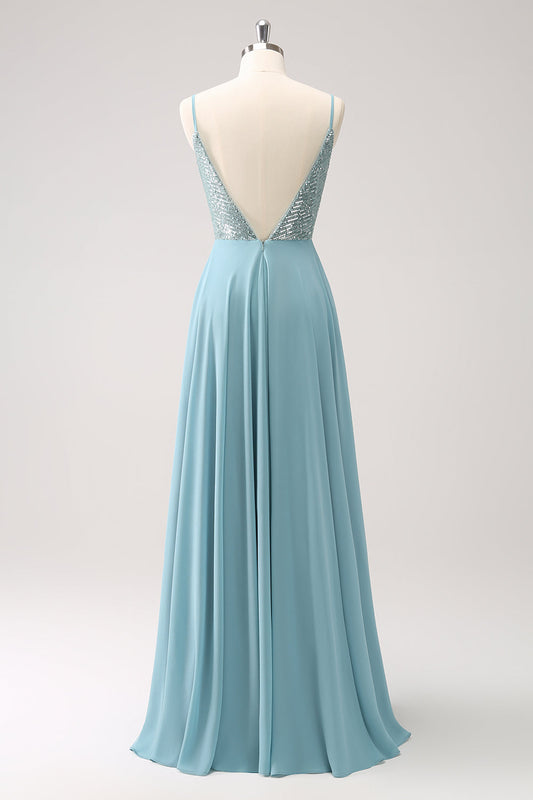 Robe longue de demoiselle d'honneur trapèze gris-vert en mousseline avec bretelles spaghetti et fente