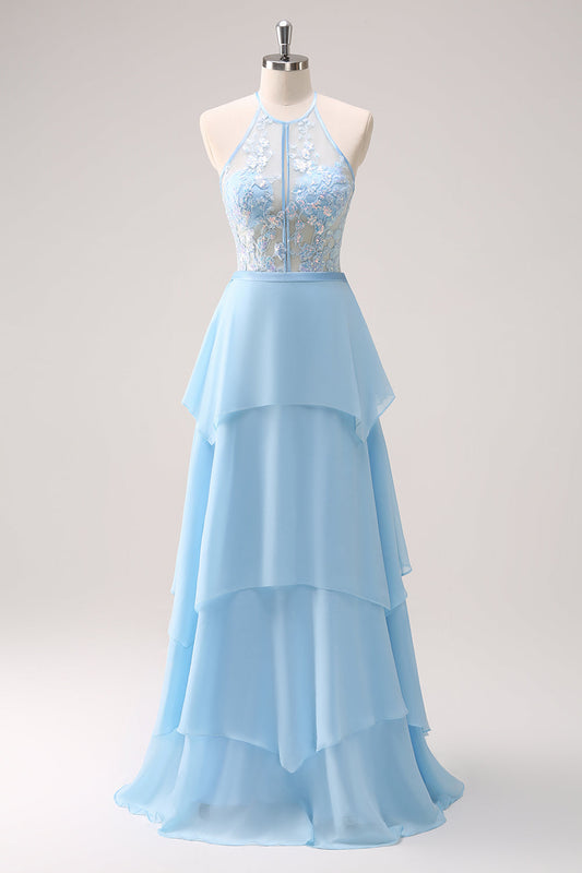 Robe longue de demoiselle d'honneur à licou bleu scintillant et motif floral avec dos lacé