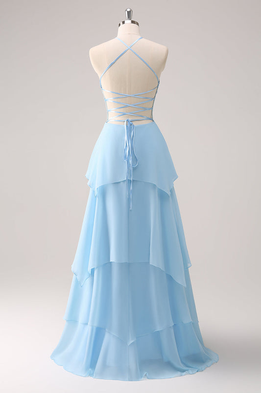 Robe longue de demoiselle d'honneur à licou bleu scintillant et motif floral avec dos lacé