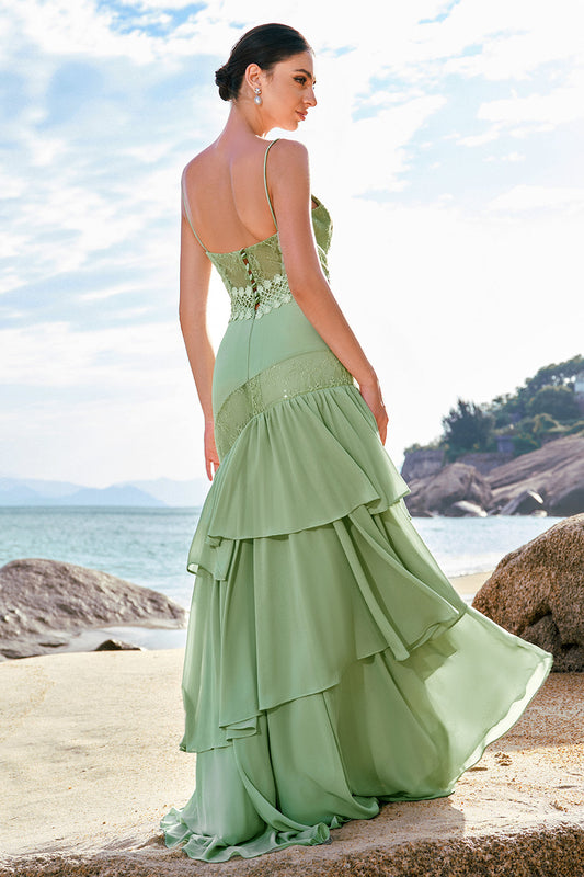 Robe de demoiselle d'honneur longue en mousseline florale verte sirène avec volants et dentelle