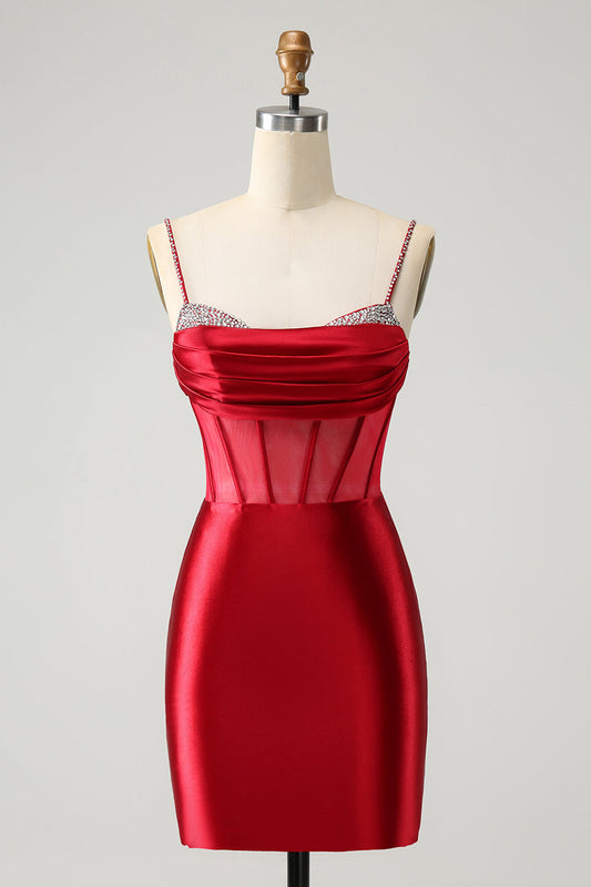 Robe de bal courte en satin et corset perlé rouge foncé pailleté