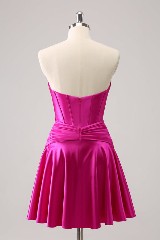 Robe courte de bal de fin d'année corset bustier fuchsia coupe trapèze