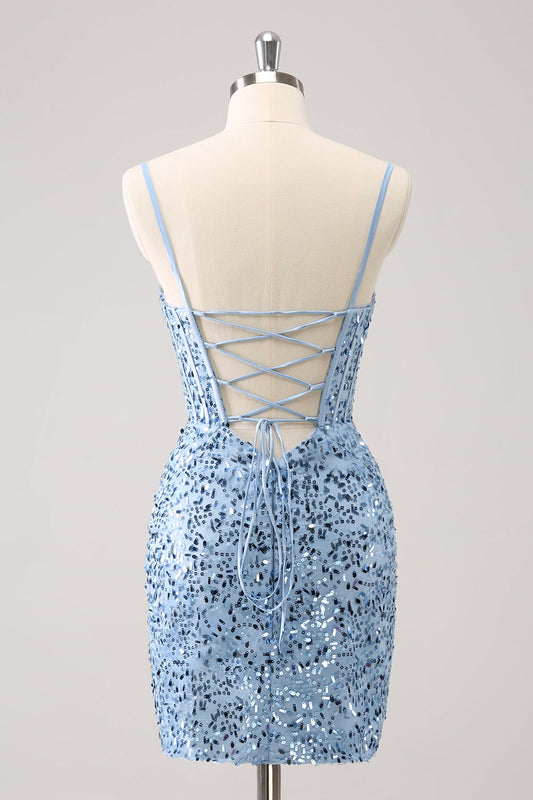 Robe de soirée à fines bretelles, ajustée, à sequins bleus scintillants