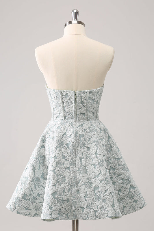 Robe courte de cocktail trapèze bustier verte grise à imprimé floral