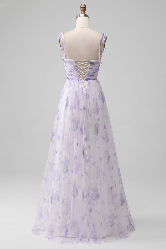 Lavender Flower Spaghetti Straps A-Line Long Bridesmaid Dress with Slit