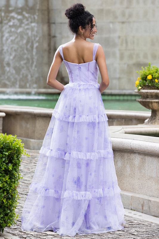 Robe de soirée/mariage évasée lavande à corset avec fines bretelles et motif floral à plusieurs niveaux