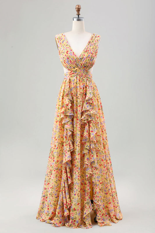 Robe de cérémonie pour invitée, jaune, petite fleur, ligne A, col en V, plissée, à volants