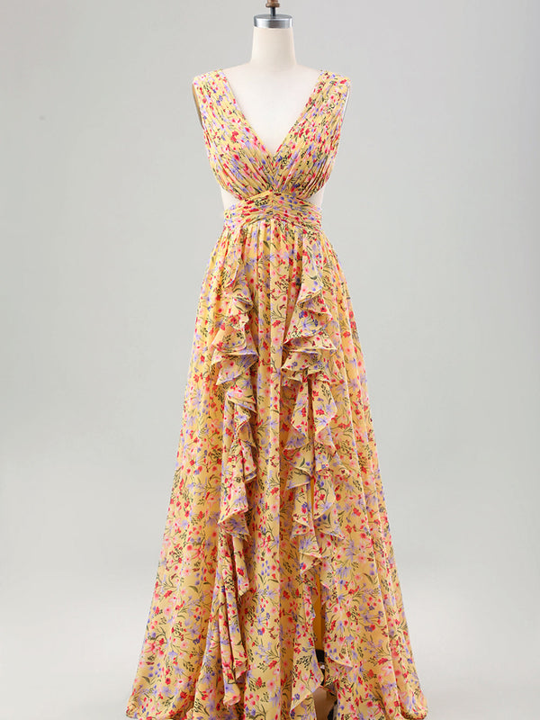 Robe de cérémonie pour invitée, jaune, petite fleur, ligne A, col en V, plissée, à volants