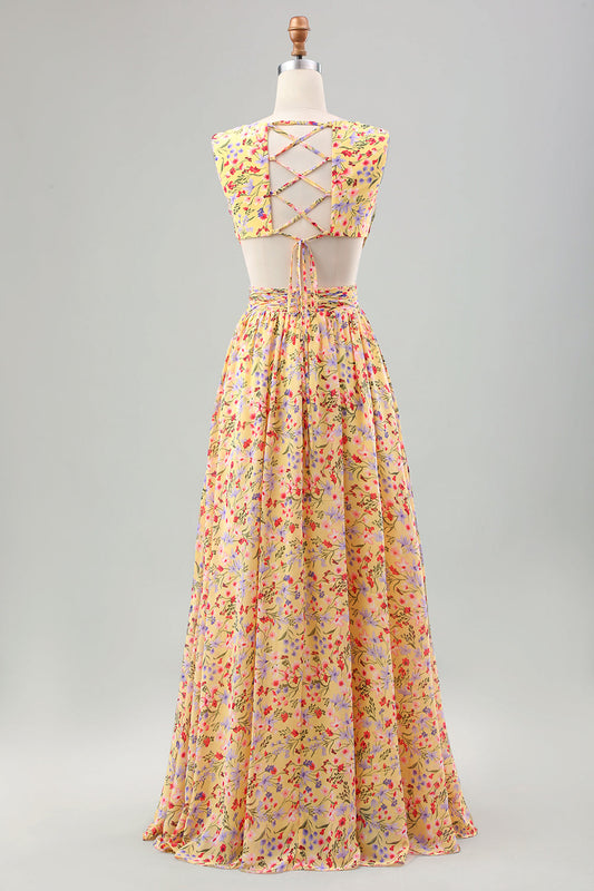 Robe de cérémonie pour invitée, jaune, petite fleur, ligne A, col en V, plissée, à volants