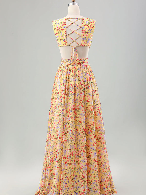 Robe de cérémonie pour invitée, jaune, petite fleur, ligne A, col en V, plissée, à volants